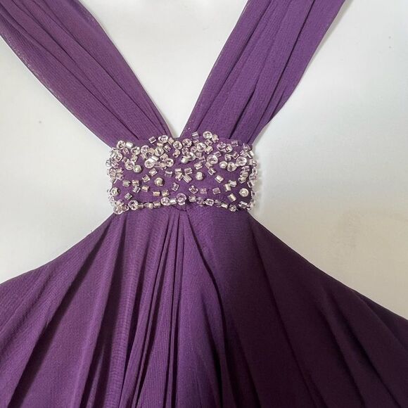 JS Boutique Beaded Chiffon Plum Halter Formal  Bridesmaid Embellished Gown Sz 4 - Picture 12 of 13